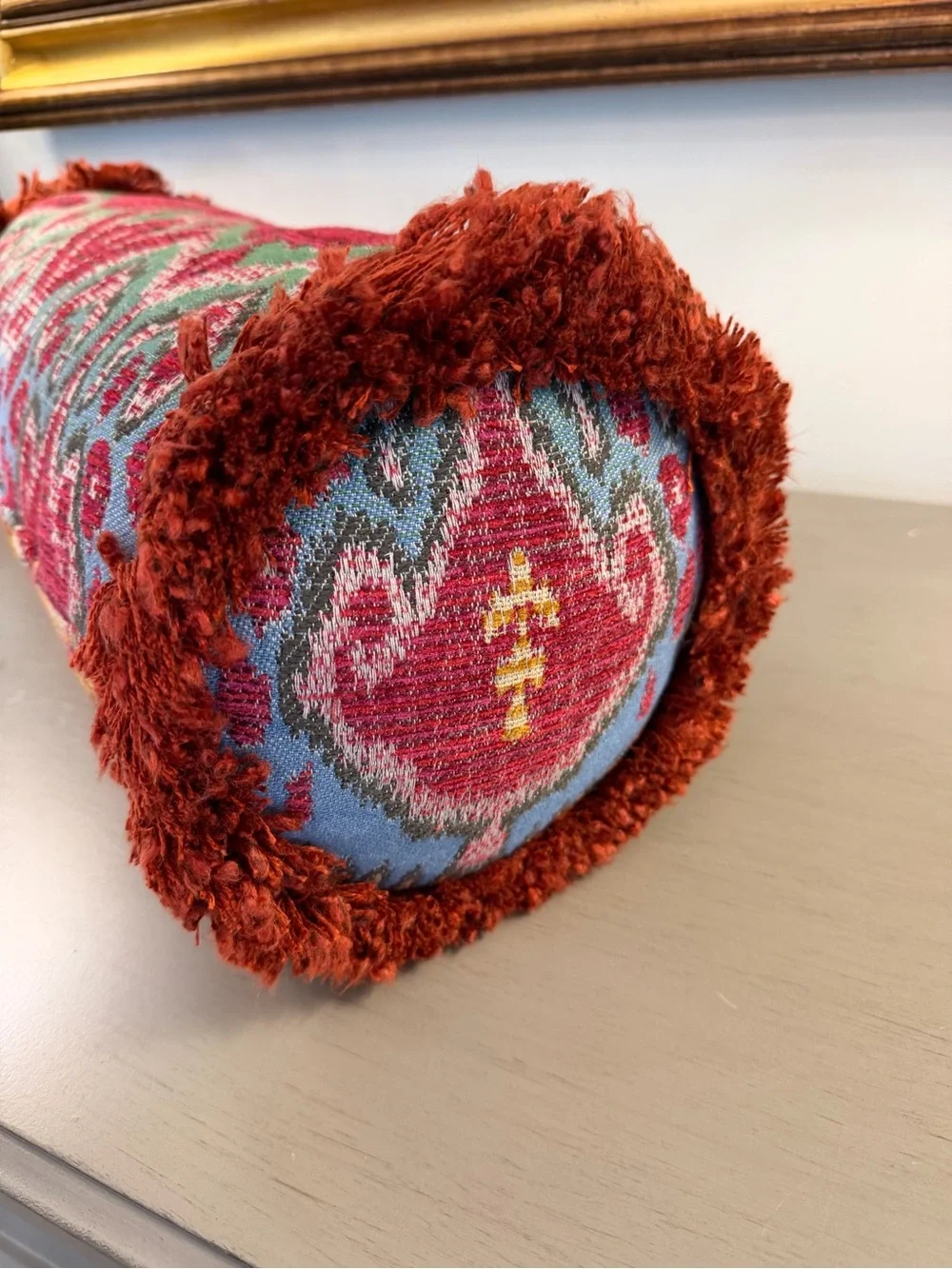 Ikat Pattern Bolster Pillow Fringe Decorative Bohemian Vibrant Burgundy Lumbar